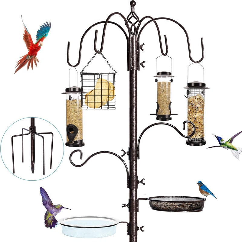 YINGYM 6-Hook Bird Feeding Station Kit, Wild Bird Feeder Stand Pole, Multi-Feeder Kit Stand with 4 Feeders, Bird Bath and Mesh Tray, 94 Inch - Image 1